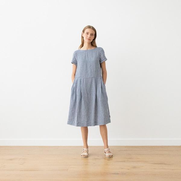 linenme Navy Check Linen Dress Adel