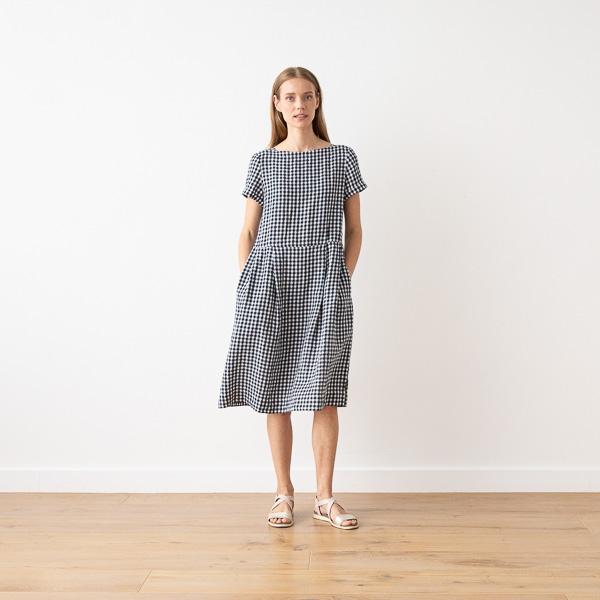 linenme Navy Check Linen Dress Adel