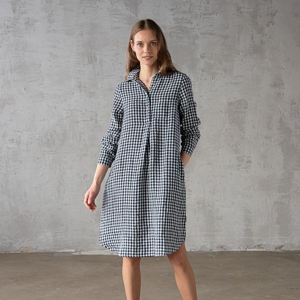 Linenme Navy Check Linen Dress Camilla