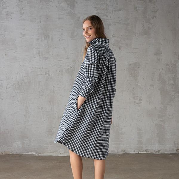 Linenme Navy Check Linen Dress Camilla