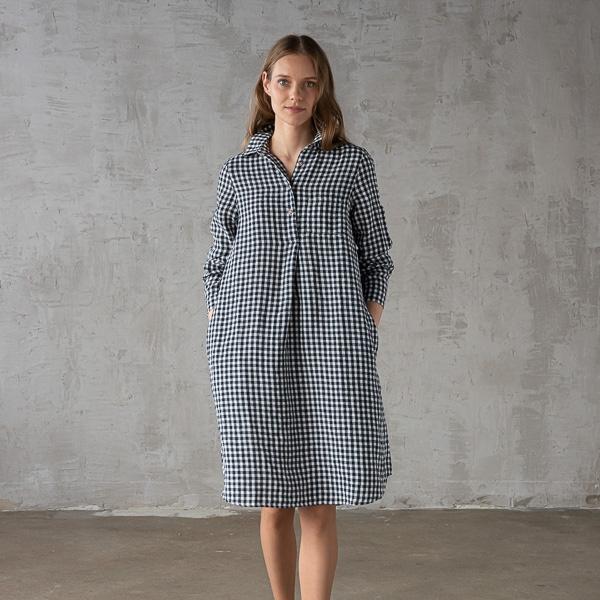 linenme Navy Check Linen Dress Camilla
