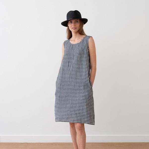 Linenme Navy Check Linen Dress Julia
