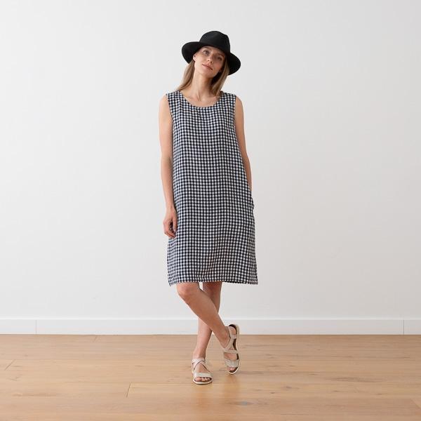 linenme Navy Check Linen Dress Julia
