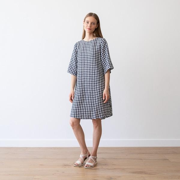 Linenme Navy Check Linen Dress Luisa