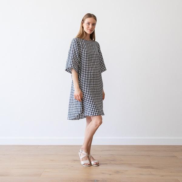 Linenme Navy Check Linen Dress Luisa