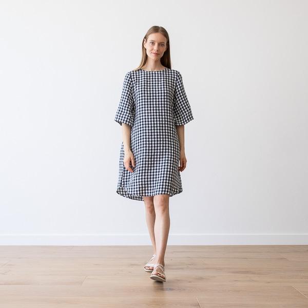 Linenme Navy Check Linen Dress Luisa