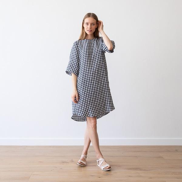 linenme Navy Check Linen Dress Luisa
