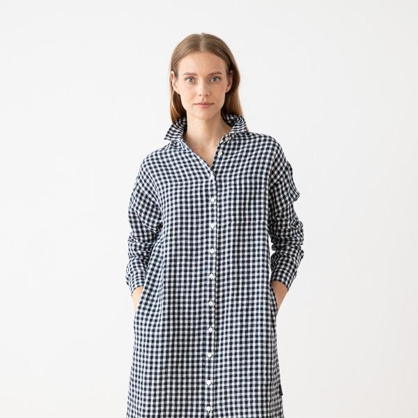 Linenme Navy Check Linen Shirt Dress Paula