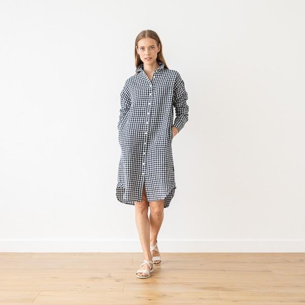 Linenme Navy Check Linen Shirt Dress Paula
