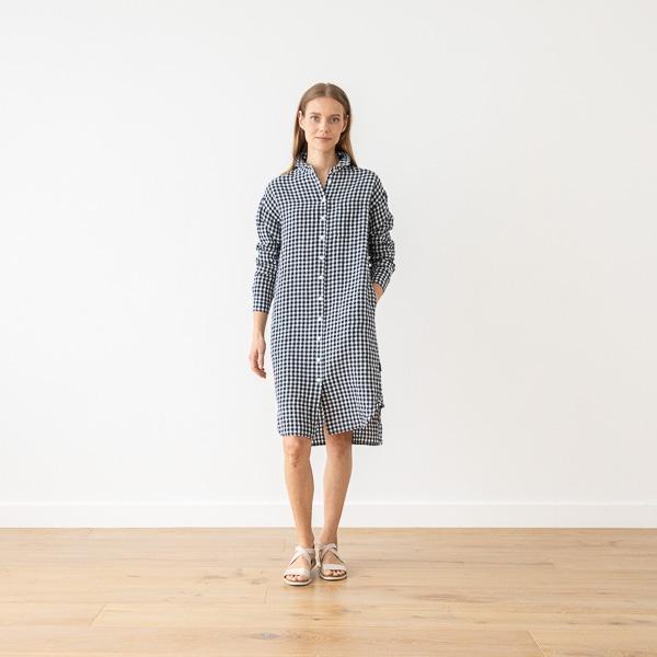 Linenme Navy Check Linen Shirt Dress Paula