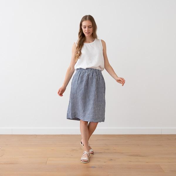 Linenme Navy Check Linen Skirt Emma