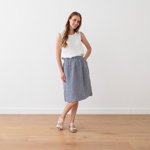 Linenme Navy Check Linen Skirt Emma