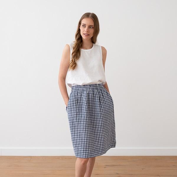 linenme Navy Check Linen Skirt Emma
