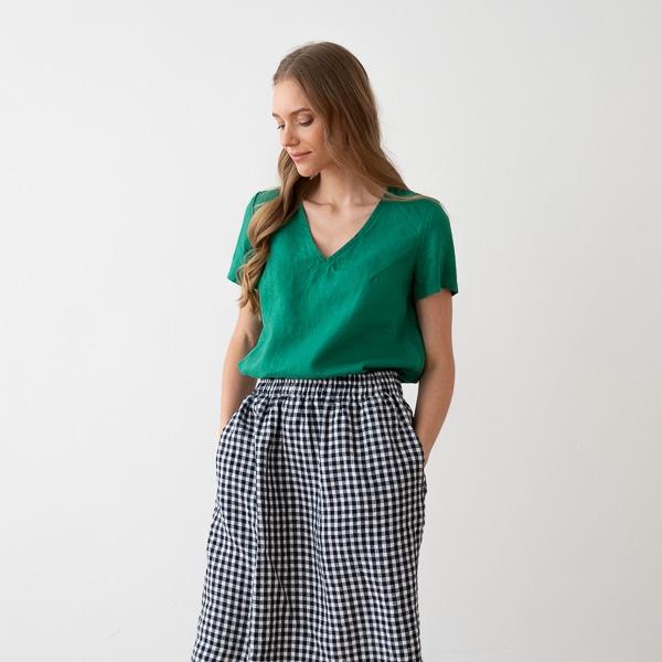 linenme Navy Check Linen Skirt Emma