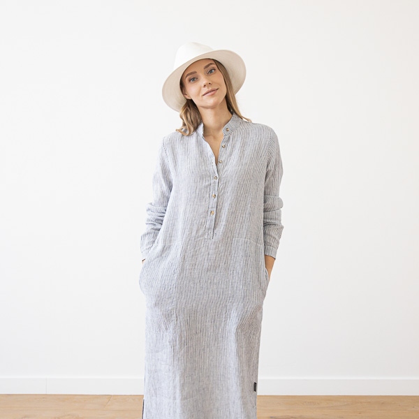 Linenme Navy Stripe Linen Dress Dona