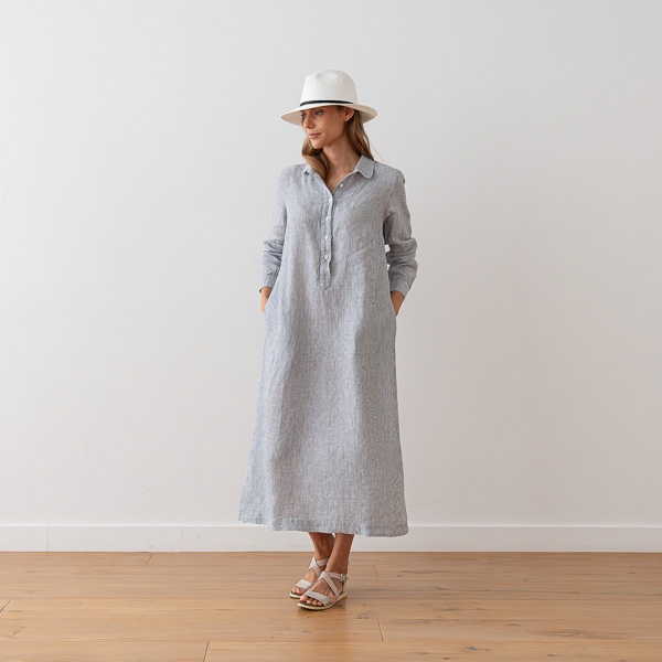 Linenme Navy Stripe Long Linen Dress Meghan