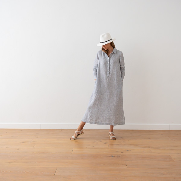 Linenme Navy Stripe Long Linen Dress Meghan