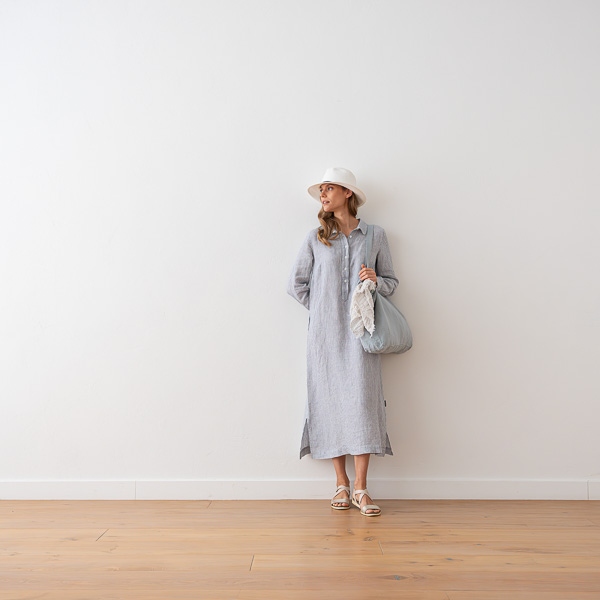 Linenme Navy Stripe Long Linen Dress Meghan