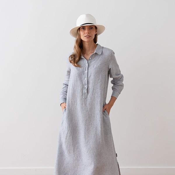linenme Navy Stripe Long Linen Dress Meghan
