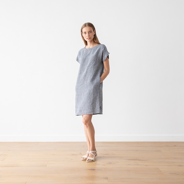 Linenme Navy White Linen Dress Gingham Alice
