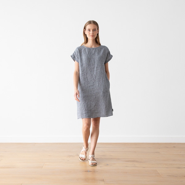 Linenme Navy White Linen Dress Gingham Alice