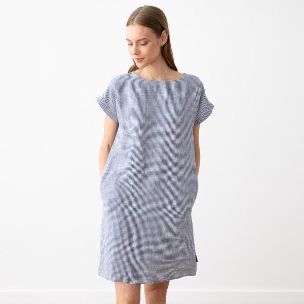 Linenme Navy White Linen Dress Gingham Alice