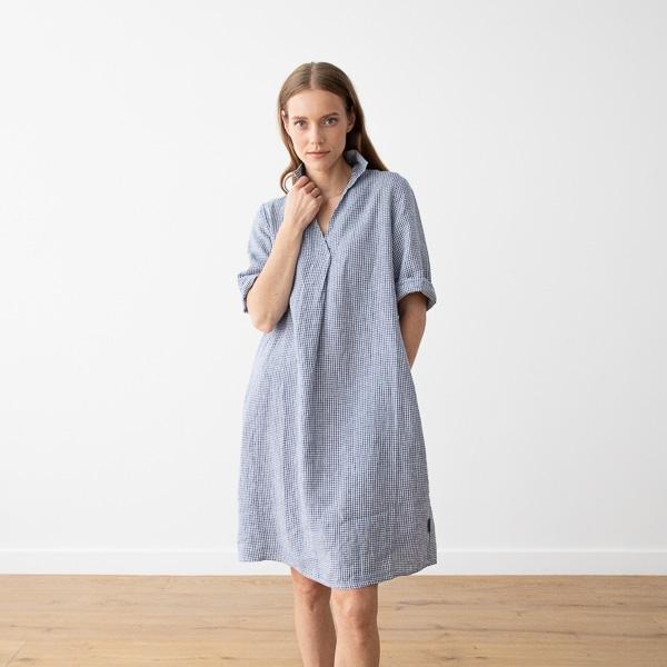 linenme Navy White Linen Dress Gingham Nicole