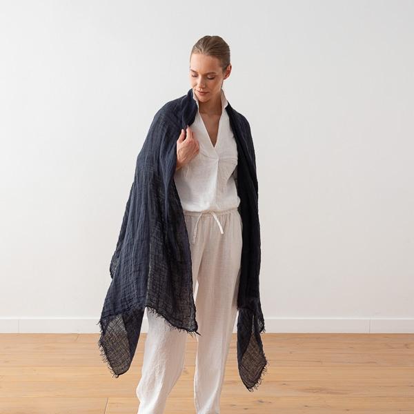 Linenme New Night Blue Linen Shawl Garza Fringe