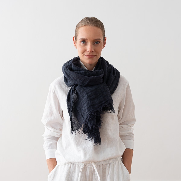 Linenme New Night Blue Linen Shawl Garza Fringe