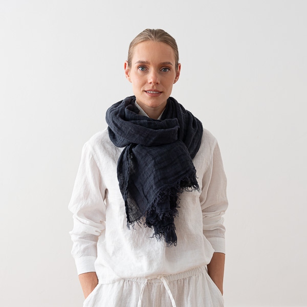 Linenme New Night Blue Linen Shawl Garza Fringe