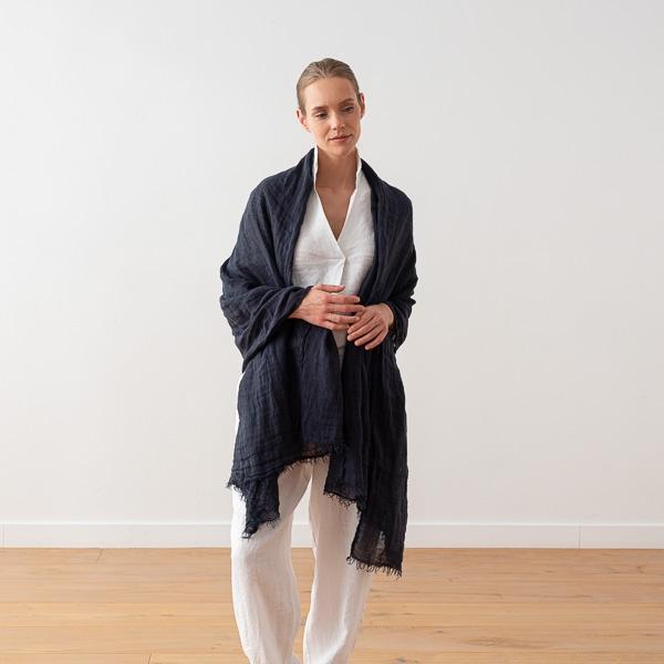 linenme New Night Blue Linen Shawl Garza Fringe
