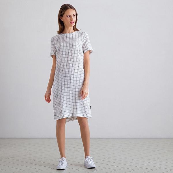 Linenme Off White Navy Check Linen Dress Isabella