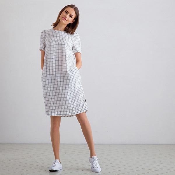 Linenme Off White Navy Check Linen Dress Isabella