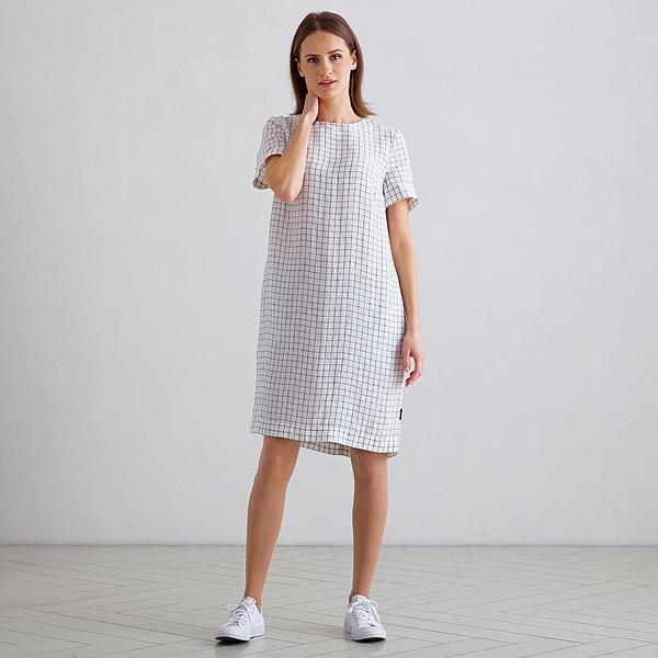Linenme Off White Navy Check Linen Dress Isabella