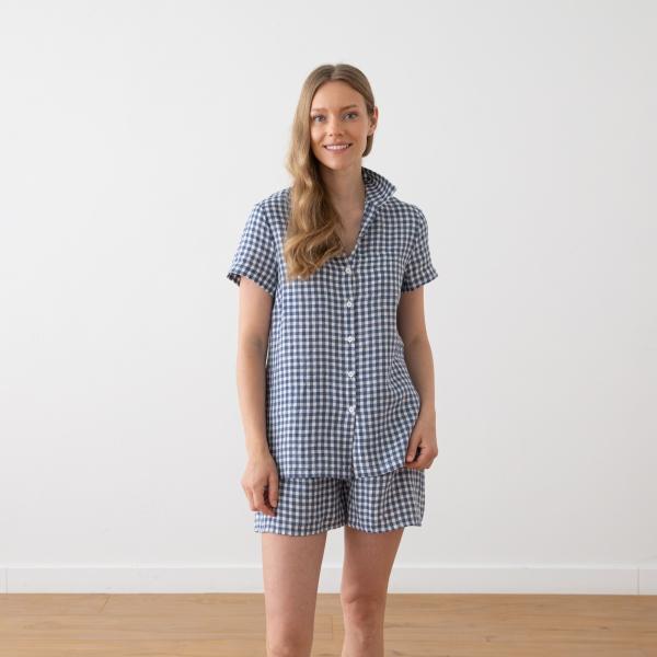 Linenme Off White Navy Check Linen Pyjama Emilia