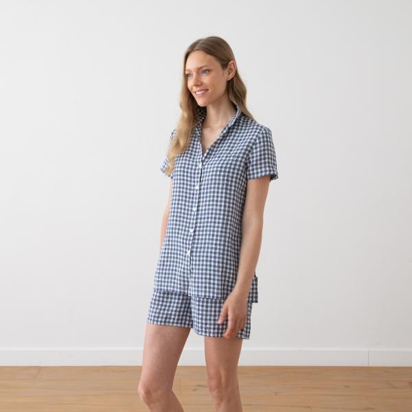 Linenme Off White Navy Check Linen Pyjama Emilia