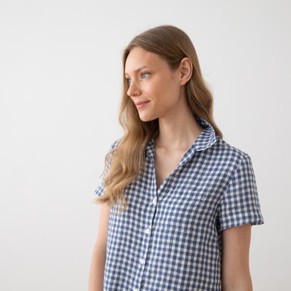 Linenme Off White Navy Check Linen Pyjama Emilia