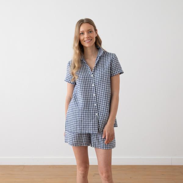linenme Off White Navy Check Linen Pyjama Emilia