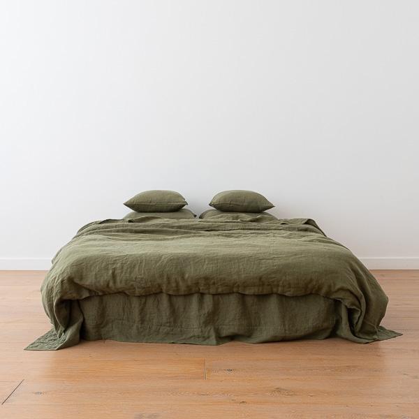 Linenme Olive Green Linen Bed Set Stone Washed