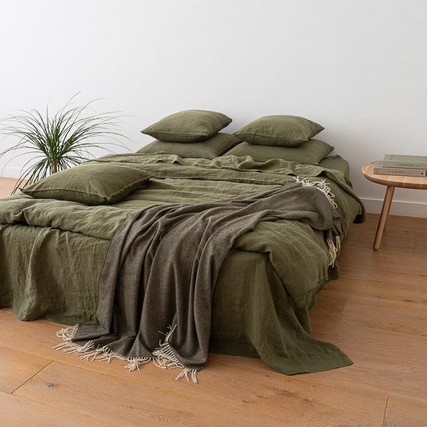 Linenme Olive Green Linen Bed Set Stone Washed