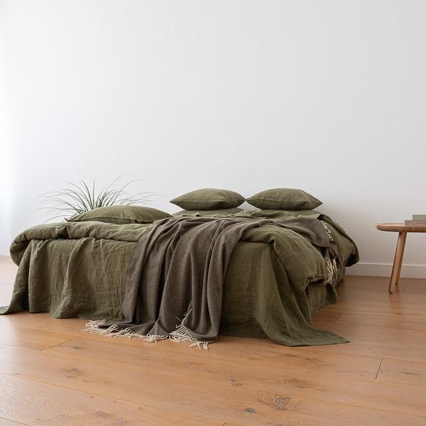 Linenme Olive Green Linen Bed Set Stone Washed