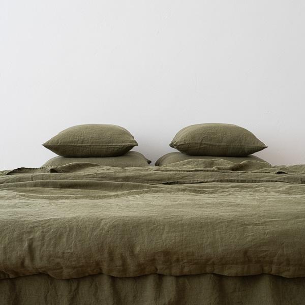 linenme Olive Green Linen Bed Set Stone Washed