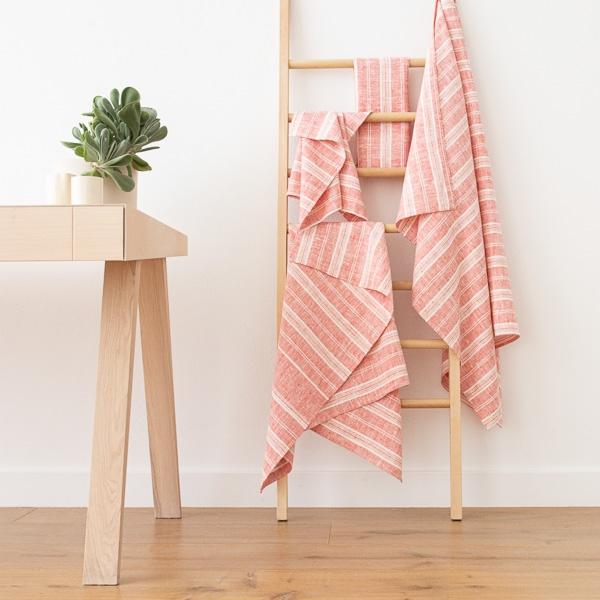 Linenme Red Linen Bath Towels Set Multistripe