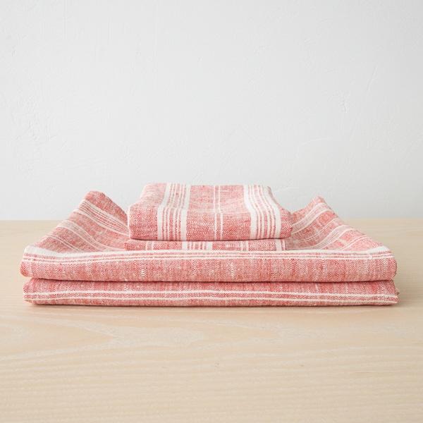 Linenme Red Linen Bath Towels Set Multistripe