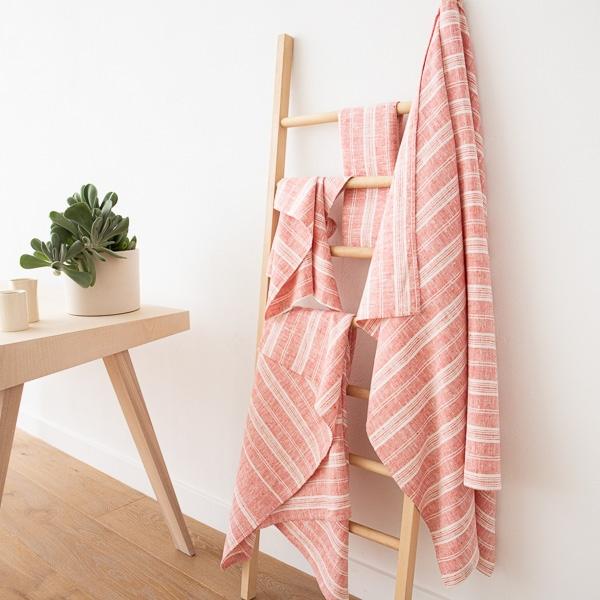 linenme Red Linen Bath Towels Set Multistripe