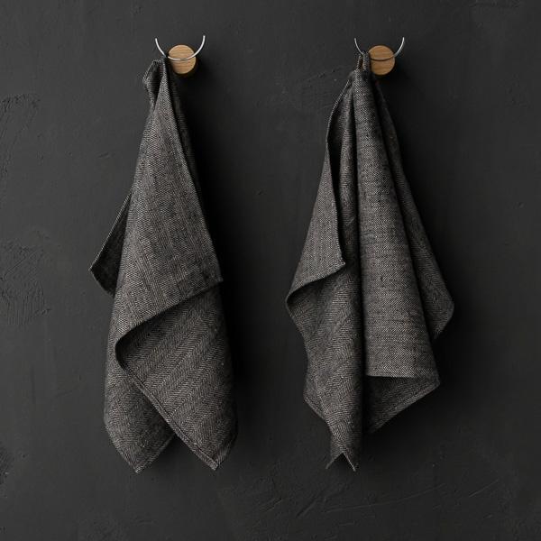 linenme Set of 2 Black Linen Tea Towels Chevron