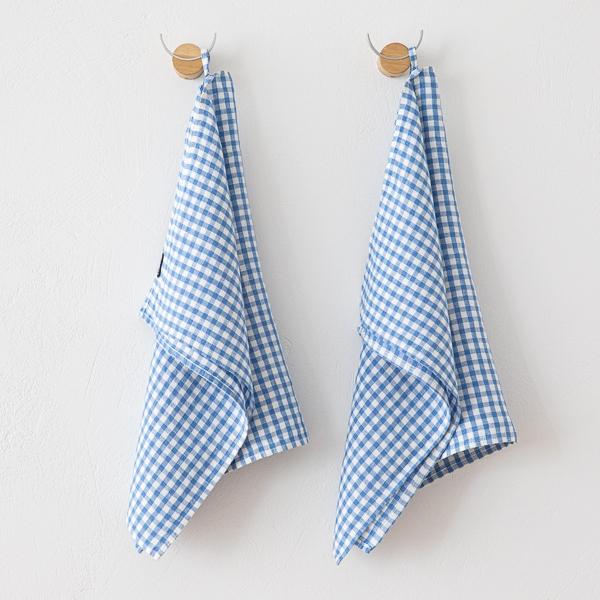 linenme Set of 2 Blue Linen Tea Towels Gingham