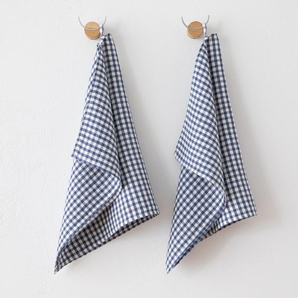 linenme Set of 2 Indigo Linen Tea Towels Gingham