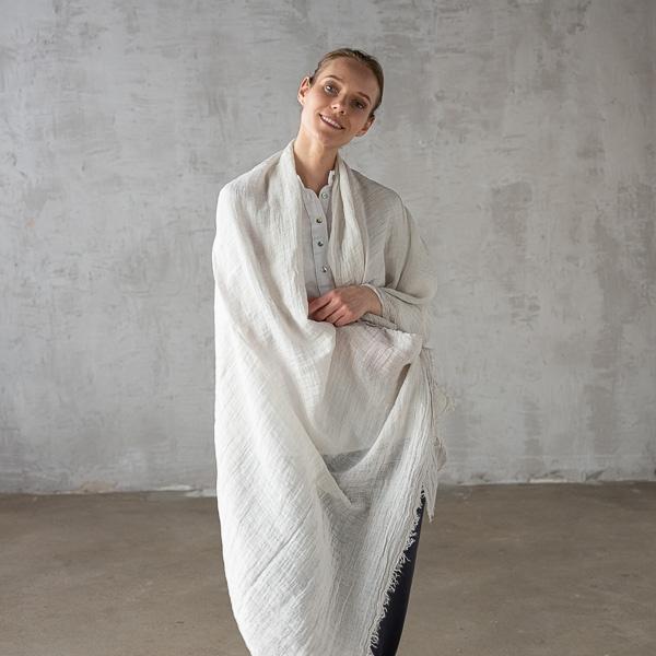 Linenme Silver Linen Shawl Garza Fringe