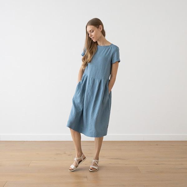 Linenme Smoke Blue Linen Dress Adel